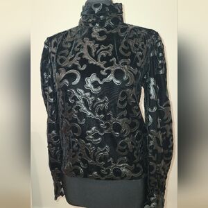 ZARA WOMAN NWT BLACK COMBINATION FAUX LEATHER VELVET BROCADE TOP Funnel Neck